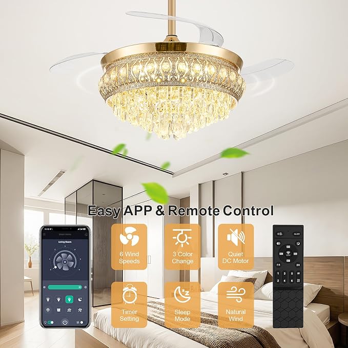 48" Fandelier Ceiling Fan with Light, Crystal Retractable Ceiling Fan with Lights and Remote, Chandelier Fans for Bedroom Living Room, Reversible DC Motor, Dimmable, 6 Speeds -Gold