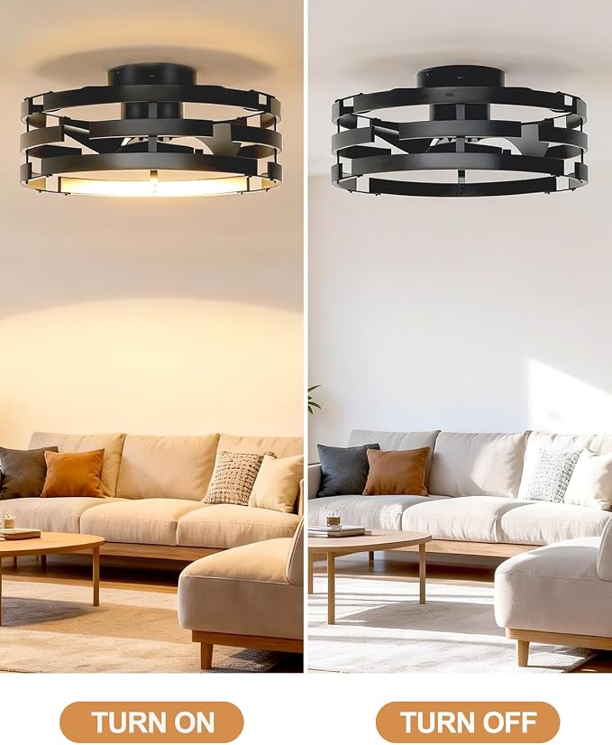 Roomratv Black Fandelier Flush Mount Ceiling Fan with Lights, 20" Low Profile Caged Ceiling Fan with Remote, Modern Enclosed Bladeless Fan Light Fixtures for Bedroom Living Room