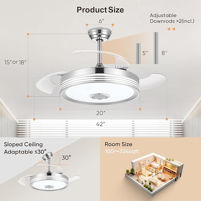 FIDGRA 48'' Retractable Ceiling Fan with Light, Bluetooth Modern Ceiling Fans with Speaker, RGB LED Lights, 6 Speeds, Reversible Motor for Bedroom, Living Room, Party-Chrome