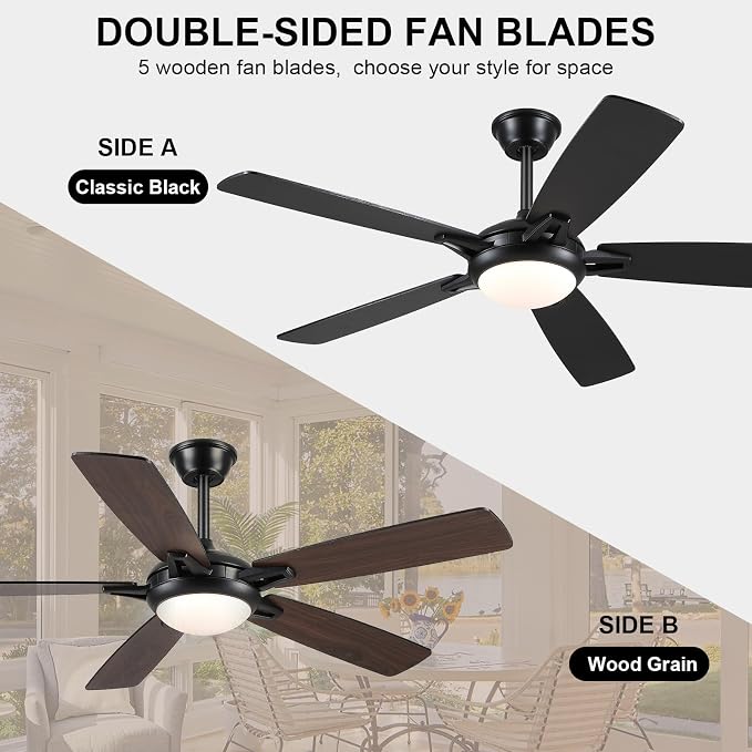 Kviflon 52 Inch Ceiling Fans with Lights and Remote, Modern Indoor Outdoor Ceiling Fan for Bedroom Living Room Patio Porch, 6 Speeds, Reversible Quiet Motor, Dual Finish Wooden Blades, Black