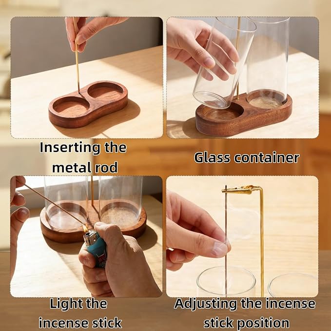 2 in 1 Glass Incense Holder for Sticks, Upside Down Incense Burner with Wooden Base & Removable Ash Catcher, Mess-Free Home Decor for Meditation Yoga Spa