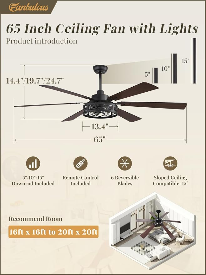 Fanbulous 65 Inch Ceiling Fan with Lights, Farmhouse Caged Ceiling Fans with Remote, Black Industrial Ceiling Fans with Quiet Reversible DC Motor, Large Ceiling Fan for Living room, Bedroom