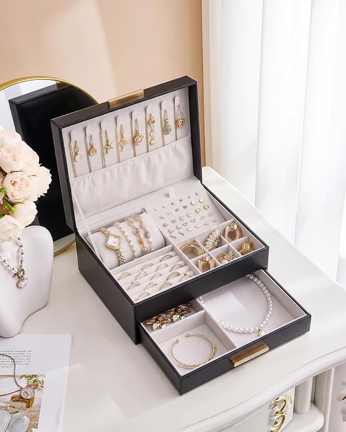 Lolalet 2-Layer Jewelry Box Organizer Holder for Women Girls Mom -Black | Jewelry Storage Case with Drawers for Necklaces Ring Earrings Bracelet Watch, Gifts Choice for Mom Mother’s Day
