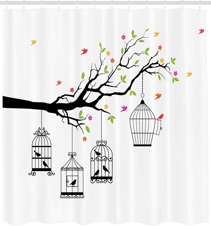 Ambesonne Birds Shower Curtain, Floral Colorful Tree Branch with Birds and Open Cages Freedom Theme Spring Liberty, Cloth Fabric Bathroom Decor Set with Hooks, 69" W x 75" L, Apple Green