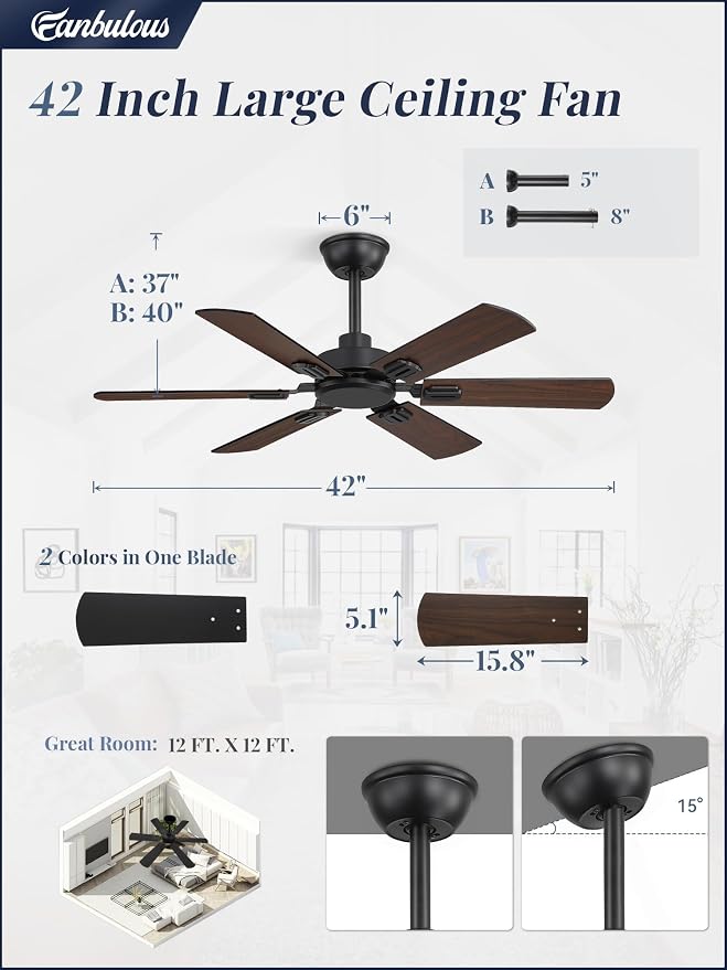 Fanbulous 42 Inch Ceiling Fans No Light with Remote, Modern Ceiling Fan Without Light, Dual Finish 6 Blades, Reversible Quiet DC Motor, 6 Speed, Large Ceiling Fan for Indoor or Outdoor, Black