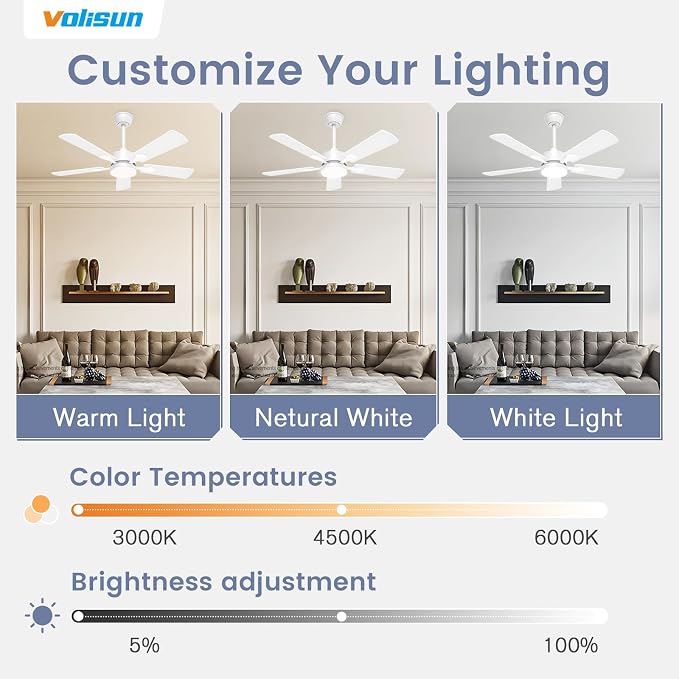VOLISUN Ceiling Fan with Light, 42 inch Flush Mount Ceiling Fan with Lights and Remote, Dimmable LED Fan Light, Low Profile Ceiling Fan, White Modern Ceiling Fan for Bedroom, Indoor/Outdoor