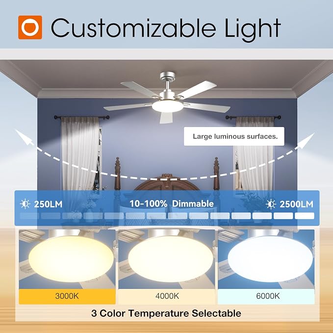 addlon Ceiling Fans with Lights, 52 inch Silver Ceiling fan with Light and Remote Control, Reversible, 3CCT, Dimmable, Noiseless, Ceiling Fan for Bedroom, Farmhouse, living room, Indoor/Outdoor Use