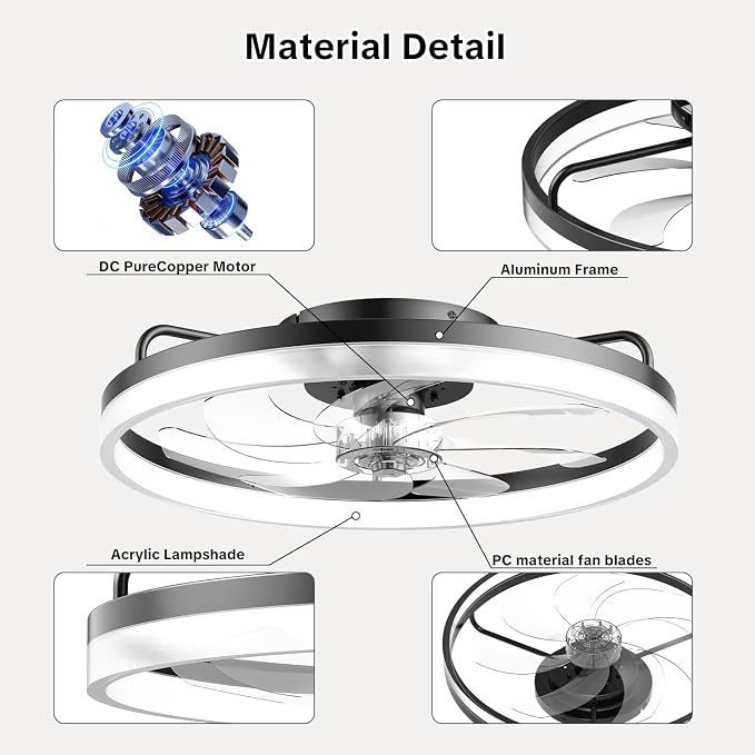 AIKVSXER Ceiling Fan with Lights and Remote, 20in Modern Ceiling Fans | 3000K-6500K Smart Ceiling Fans with Lights, Low Profile Flush Mount Ceiling Fan with Light, Quiet Ceiling Fan for Bedroom