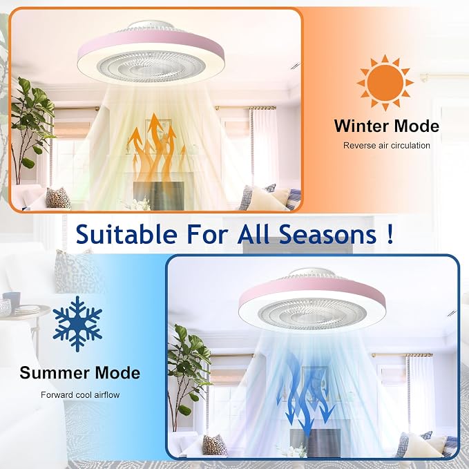 Depuley Bedroom Ceiling Fan with Light: 19" Modern LED Flush Mount Low Profile Ceiling Fans with Remote & Smart APP Control - Pink Enclosed Bladeless Fandelier Dimmable Quiet DC Motor for Kids Room
