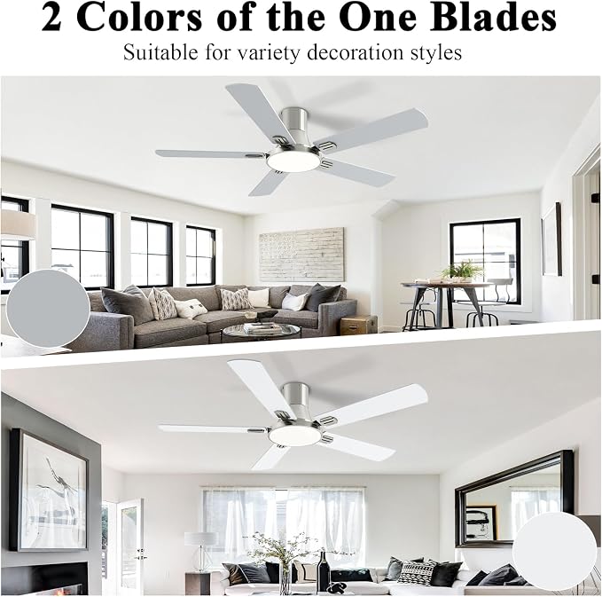 SNJ 52 Inch Brushed Nickel Ceiling Fans with Lights and Remote,Flush Mount Low Profile 5 Blades Ceiling Fan,Dimmable Quiet Reversible DC Motor for,Living Room,Bedroom and Patio