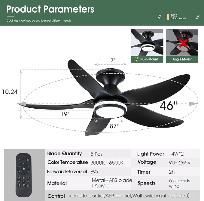 Kviflon 46 inch Ceiling Fans with Lights and Remote/APP Control, Modern Flush Mount Ceiling Fans with 5 Reversible Blades 6 Speeds, 3 Colors Dimmable+Ring Lights for Bedroom Dining Room, Black