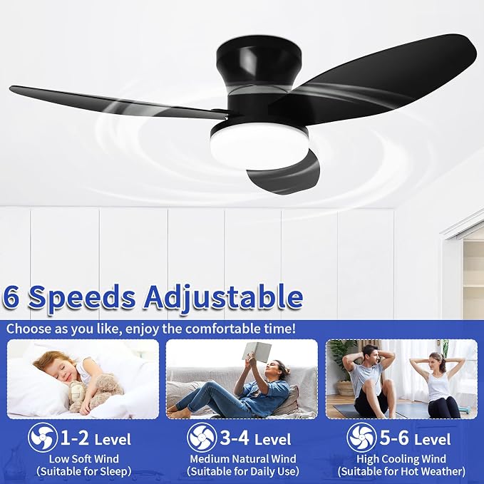 Small Ceiling Fan with Lights and Remote, 32 Inch Flush Mount, Small Quiet, DC Motor, Reversible Blades, 6 Wind Speeds, Dimmable LED, Adjustable Color Temperature, Timer