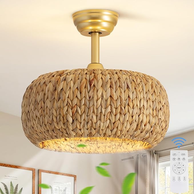 Caged Rattan Ceiling Fans with Lights,Boho Flush Mount Ceiling Fan with Light Low Profile Chandelier 6 Speed Bladeless Reversible Ceiling Fan for Living Room Bedroom kitchen island dining room 17inch