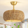 Caged Rattan Ceiling Fans with Lights,Boho Flush Mount Ceiling Fan with Light Low Profile Chandelier 6 Speed Bladeless Reversible Ceiling Fan for Living Room Bedroom kitchen island dining room 17inch