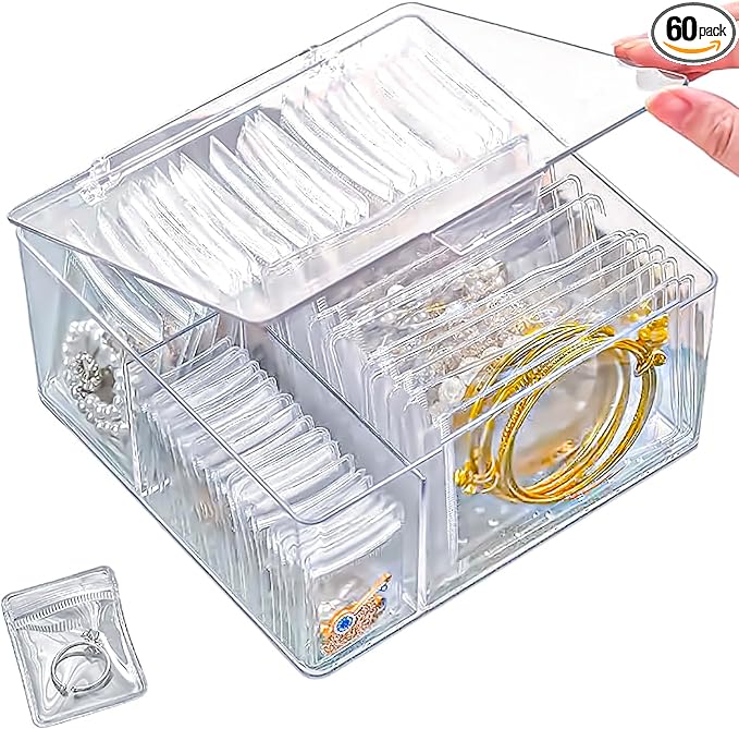 HomePekite 4 In 1 Acrylic Jewelry Organizers and Storage with 60 Portable Anti Tarnish Jewelry Bags, Clear Jewelry Box Organizer, Travel Jewelry Case for Earrings/Rings/Necklaces for Women Girls