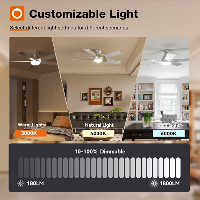 addlon Ceiling Fans with Lights, 52 Inch Low Profile Ceiling Fan with Light and Remote Control, Flush Mount, Reversible, 3CCT, Dimmable, Quiet, Silver Ceiling Fan for Bedroom Indoor/Outdoor Use