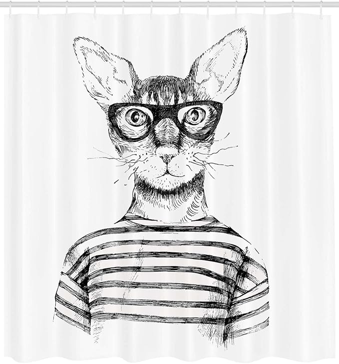 Ambesonne Cat Shower Curtain, Hand Drawn Dressed up Hipster New Age Cat Fashion Urban Free Art Print, Cloth Fabric Bathroom Decor Set with Hooks, 69" W x 84" L, Gray White