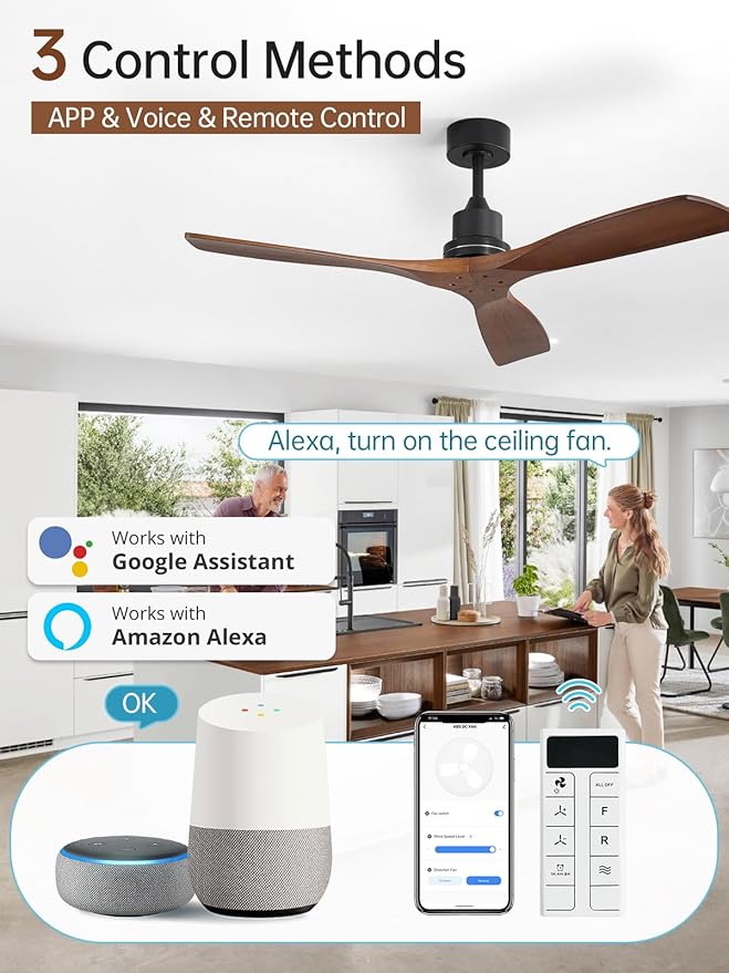 Sofucor 52 Inch Smart Ceiling Fans without Light-Modern Solid Wood Outdoor 3 Blades Ceiling Fan No Light, Alexa/Google Assistant/APP/Remote Control for Bedroom Living Room Farmhouse Patio,Walnut Black