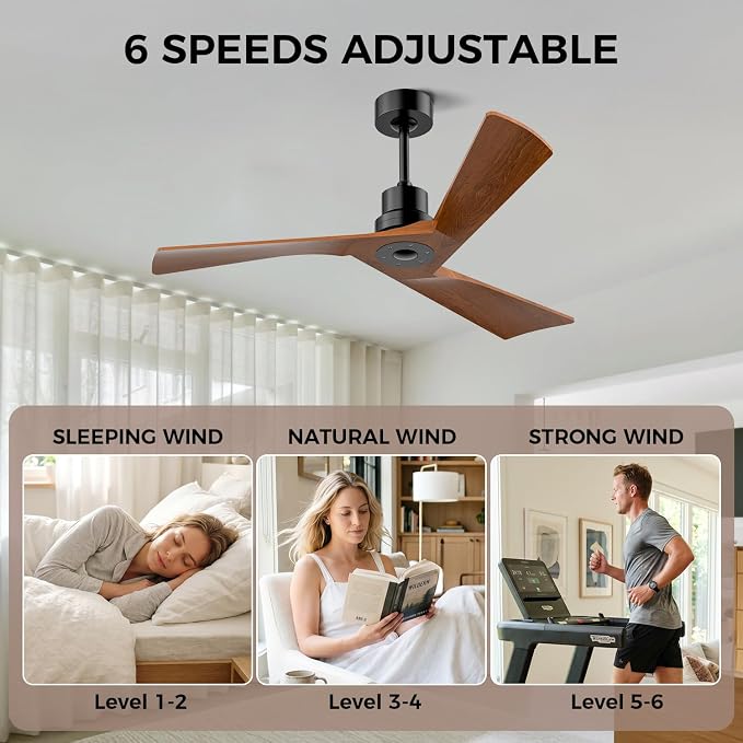 Obabala Ceiling Fan 52 Inch with Remote, Solid Wood Blades DC Motor 5000 CFM Quiet 35dB, Reversible 6 Speed Modern Farmhouse for Bedroom Living Room Indoor Outdoor, No Light with Downrod