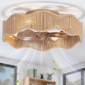 SHLUCE 18" Boho Fandelier Ceiling Fan with Light Flush Mount, Caged Low Profile Ceiling Fan with Light, Small Rattan Bladeless Ceiling Fans with Lights and Remote Control for Bedroom, Nursery - ETL
