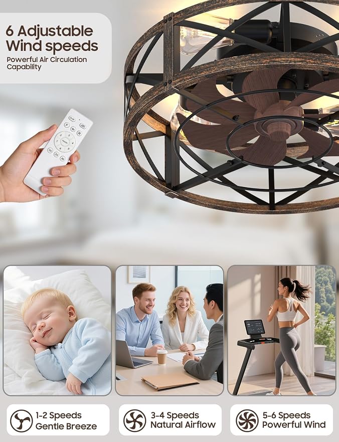 Caged Ceiling Fan with Light and Remote, 20" Low Profile Flush Mount Ceiling Fans with Light, 6 Speed, Timing, Reversible DC Motor, Small Farmhouse Fan Lights for Bedroon Kitchen Living Dining Room