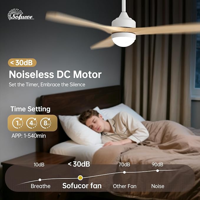 Sofucor 52" Smart Wood Ceiling Fans Lights, Flush Mount & Downrod Mount, 3 Wood Blades Modern Outdoor Ceiling Fans with Alexa/Google Assistant/APP/Remote Control for Bedroom, Farmhouse, Patio, Indoor
