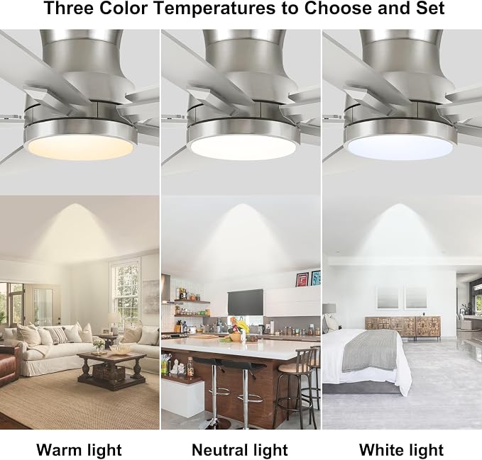 42 Inch Flush Mount Brushed Nickel Ceiling Fan with Light and Remote Control.Noiseless,Dimmable,3CCT,6 Speeds Reversible, Low Profile DC Ceiling Fans for Indoor or Covered Outdoor Use,ETL Listed
