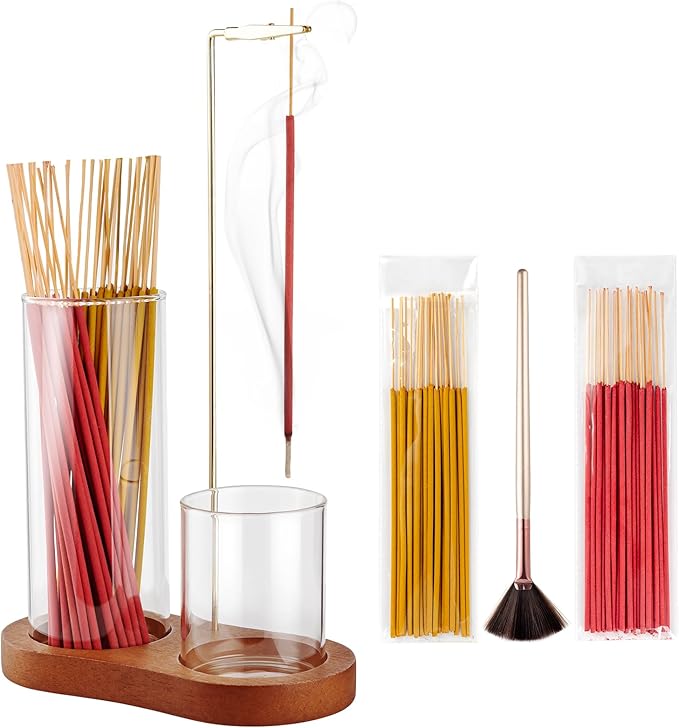 2 in 1 Glass Incense Holder for Sticks, Upside Down Incense Burner with Ash Catcher & Storage for Yoga Spa Home Decor Meditation - Brush & 40 Incense Sticks