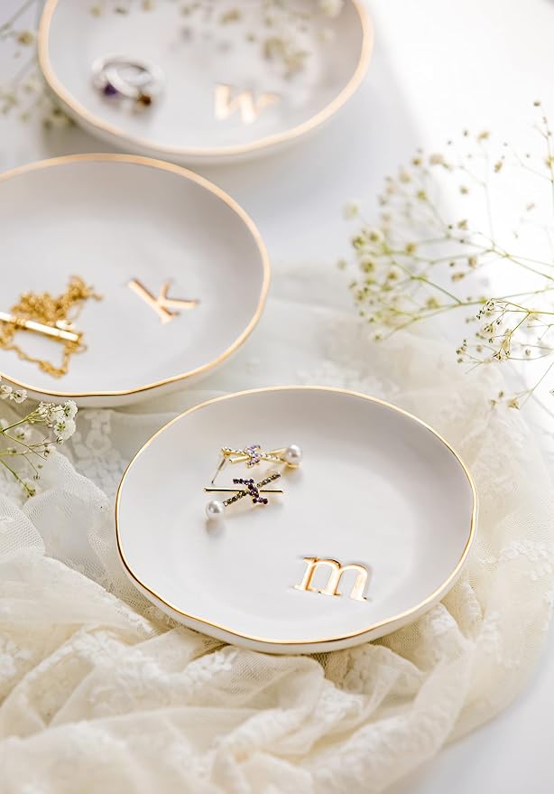 COLLECTIVE HOME Ceramic Jewelry Tray, Trinket Dish, Gifts for Women (C) | Mother's Day, Birthday, Christmas, Engagement Gifts, Vanity, Nightstand Decor, Embossed Gold Monogram Ring Dish with Gift Box