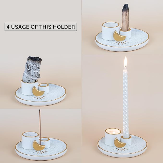ZenBless Multifunction Incense and Candle Holder for Burning Sage, Palo Santo, Incense Sticks - 5.9" Ceramic Ash Catcher Tray for Meditation Room Home Decor Spritual Gifts (Gold)
