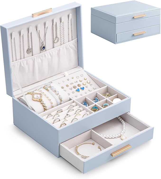 Lolalet 2-Layer Jewelry Box Organizer Holder for Women Girls Mom -Blue | Jewelry Storage Case with Drawers for Necklaces Ring Earrings Bracelet Watch, Gifts Choice for Mom Mother’s Day