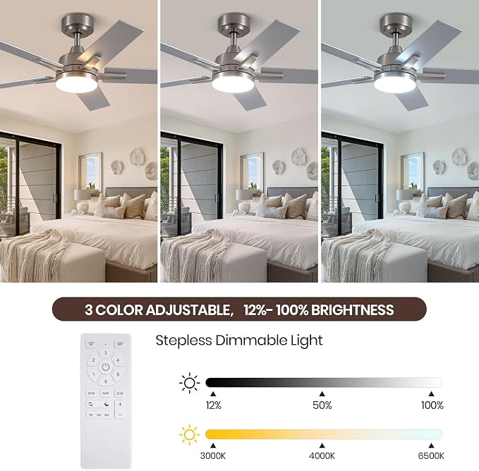 42 Inch Brushed Nickel Ceiling Fans with Lights and Remote, Reversible, 3CCT, Dimmable, Noiseless, Downrod, Small Ceiling Fan for Bedroom, Indoor/Outdoor Use