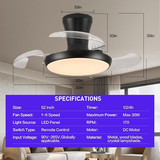 30" RGB Chandelier Fan, Black Modern Fandelier,Dimmable LED Ceiling Fan with Light,6-Speed Reversible,Remote APP Control,for Bedroom Living Room