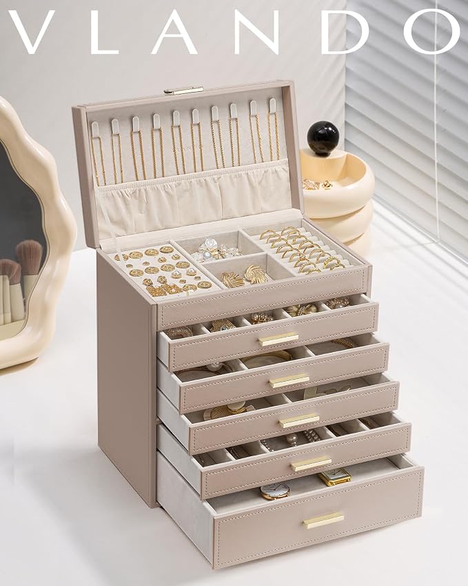 VLANDO 6 Layer Large Jewelry Box - Jewelry Holder Organizer, Jewelry Box Organizer for Drawer Necklace Ring Bracelet and Watch, Birthday Gift for Loved Ones - Toffee