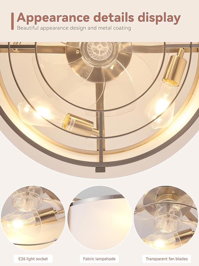 20" Silver Fandelier Ceiling Fans with Lights, Boho Rattan Ceiling Fan with Light Remote Control, Caged Mid-Century Modern with 6 Speeds for Bedroom, Nursery, Living Room