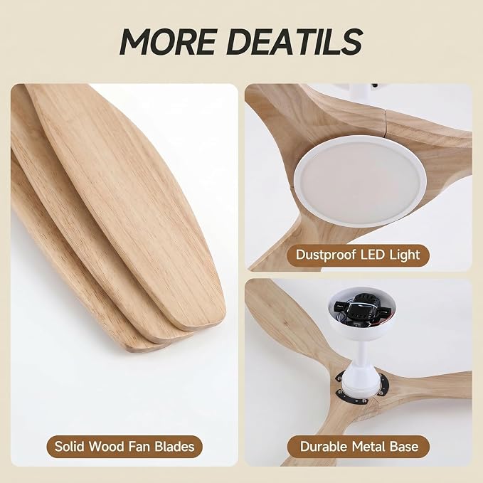 Skylike 52" Wood Outdoor Ceiling Fan with Lights, Propeller Farmhouse Ceiling Fan and Remote Control, 3 Blade Light Wood Ceiling Fan for Patio,Porch, Gazebo, Bedroom