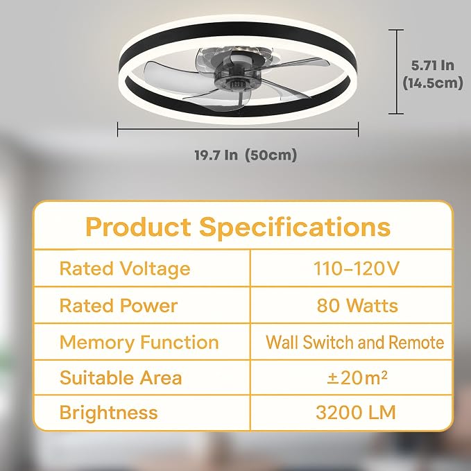 FSZDORJ 20'' Ceiling Fan with Light and Remote, Low Profile Ceiling Fan with Light, Dimmable Flush Mount Ceiling Fan Light, 6 Speeds Fan, App&Remote Control, Fandelier Quiet Fan for Bedroom F105 Black