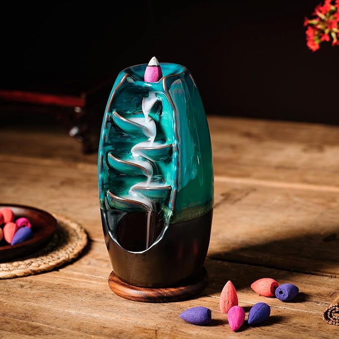 INONE Ceramic Incense Burner with 100 Upgraded Cones, Waterfall Backflow Incense Holder, Aromatherapy Ornament, Zen Decor, Home Decor, Room Decor (Cyan)