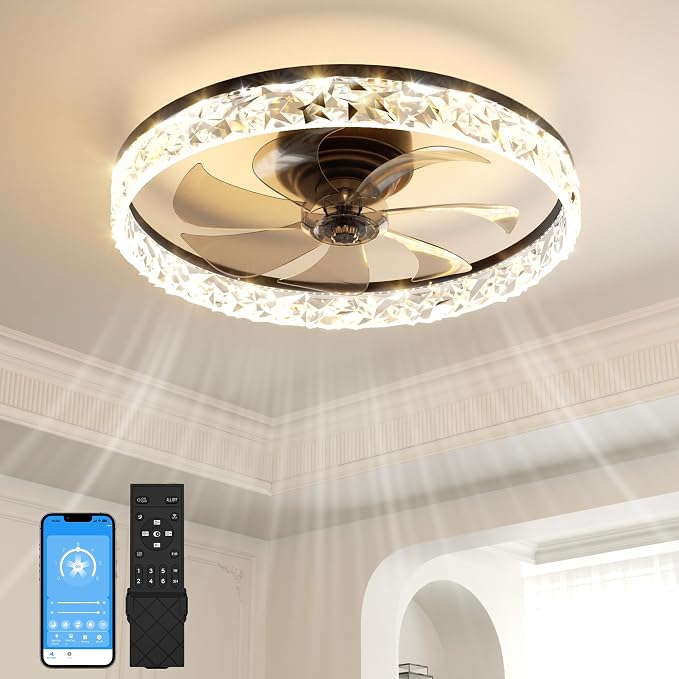 VOLISUN Low Profile Ceiling Fan with Lights and Remote, No Assembly, 20in Modern Ceiling Fans Flush Mount, 3000K-6500K Dimmable Bladeless LED Fan Light, Black Fandelier Ceiling Fans for Bedroom