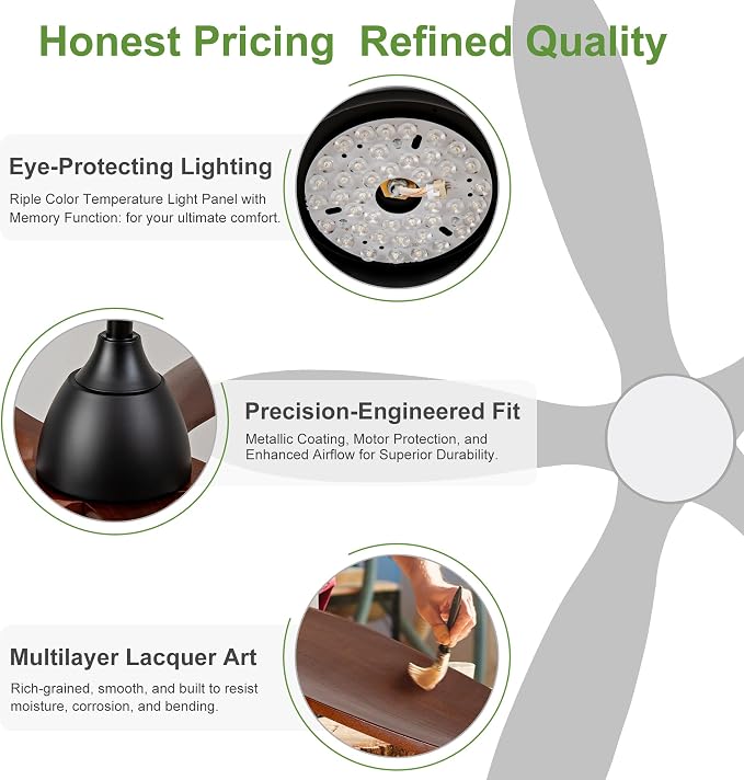 42 Inch Solid Wood Ceiling Fans With Lights, Remote Control, Dimmable, Reversible, Wood Blades, Power-Off Memory, Quiet DC Motor, Indoor/Oudoor Ceiling Fan with Light for Patio