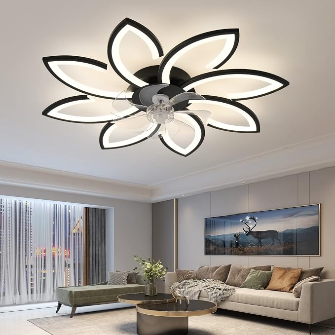 35" Geometric Ceiling Fan with Light Remote Control, 6 Speeds 3 Colors, Black Low Profile Flush Mount Ceiling Fan for Kitchen Bedroom Living Room