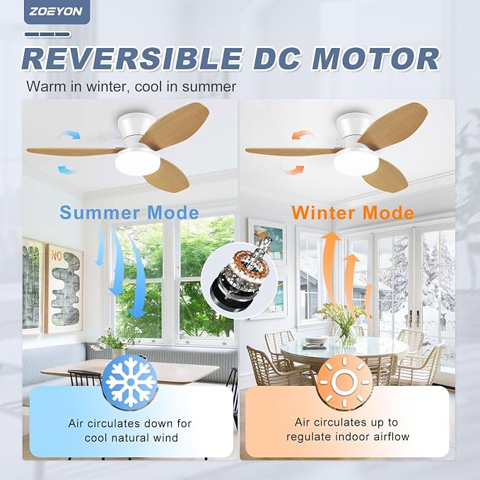 Small White&Wood Ceiling Fan with Light - 35 Inch Flush Mount Ceiling Fan with Lights and Remote, Low Profile Ceiling Fans with 3 Reversible Blades, 6 Speeds, Ceiling Fans for Bedroom Kitchen