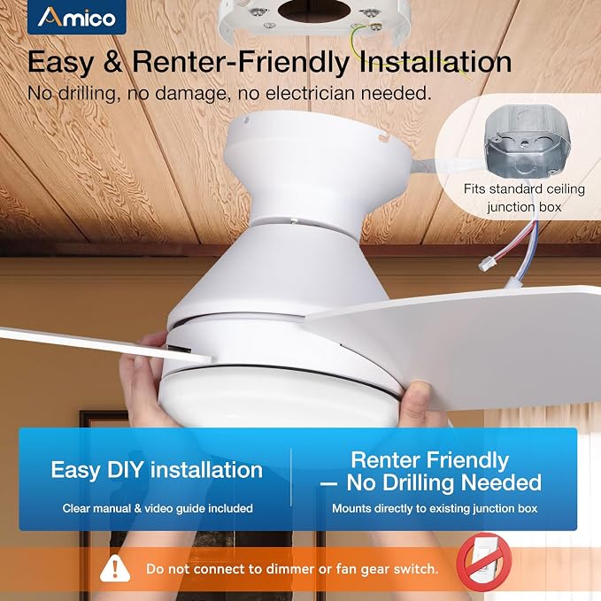 Amico Ceiling Fans with Lights, 30 inch Low Profile Ceiling fan with Light and Remote Control, Flush Mount, Reversible, 3CCT, Dimmable, Noiseless, White Ceiling Fan for Bedroom, Indoor/Outdoor Use