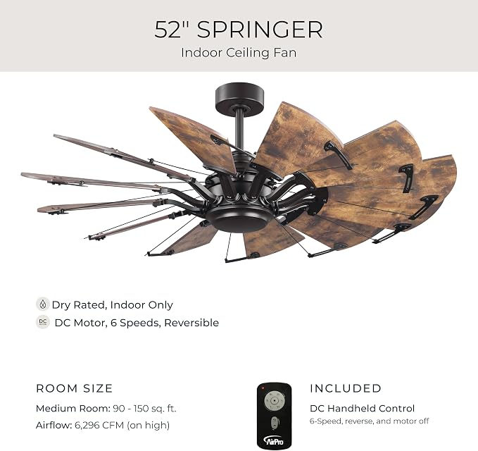 Progress Lighting Springer Collection DC Motor Farmhouse Windmill Ceiling Fan, Architectural Bronze, 12-Blade (52" W x 17-3/8" H) P250065-129