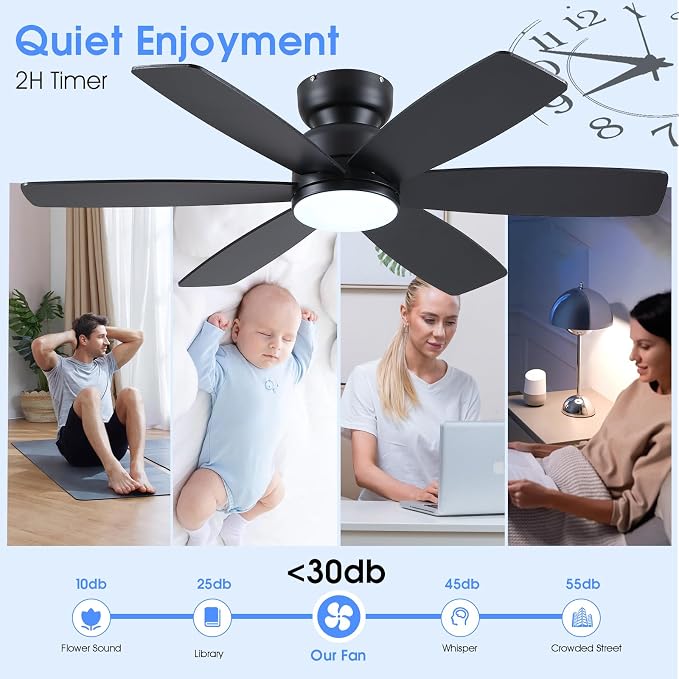 Kviflon 46 Inch Modern Ceiling Fans with Lights Remote/APP Control, Low Profile Ceiling Fan with Light, Flush Mount, 3CCT, 6 Reversible Blades, 6 Speeds, Double Sided for Bedroom Living Room, Black