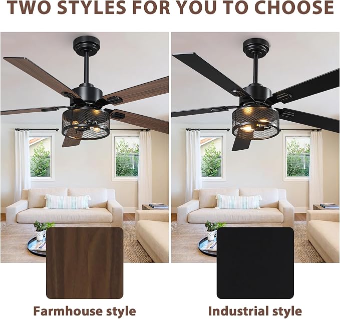 Ceiling Fans with Lights and Remote Control, 52 Inch Farmhouse Ceiling Fan for Living Room, 5 Dual Finish Blades, 6-Speed Adjustable and Reversible DC Motor with Timer & APP Control for Indoor/Outdoor