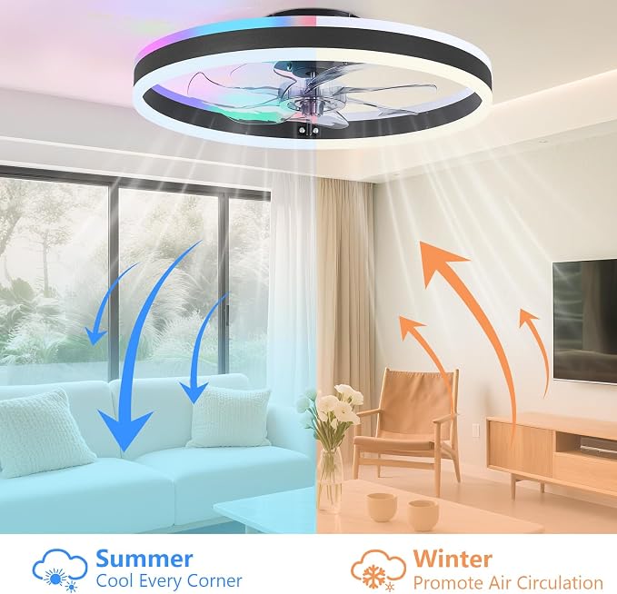 STERREN RGB Ceiling Fan with Light, 20'' Low Profile Ceiling Fans, Black Flush Mount LED Fan Light with Remote Control, Modern Bladeless Fandelier for Bedroom, Living Room, Kitchen
