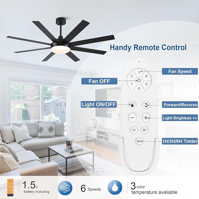 62 Inch Ceiling Fans with Lights and Remote Control, Black | Wooden Blades,Reversible Quiet DC Motor, 6-Speed, 3CCT Dimmable LED, Timer for Living Room, Bedroom, Office
