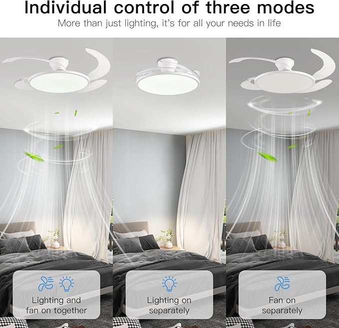 AHAWILL 48'' Retractable Ceiling Fan,Full Spectrum Low Profile Ceiling Fan with Light and Remote,Modern White Fan for Dinning Room Living Room Bedroom,Retractable Blades,Dimmable,Timer Setting