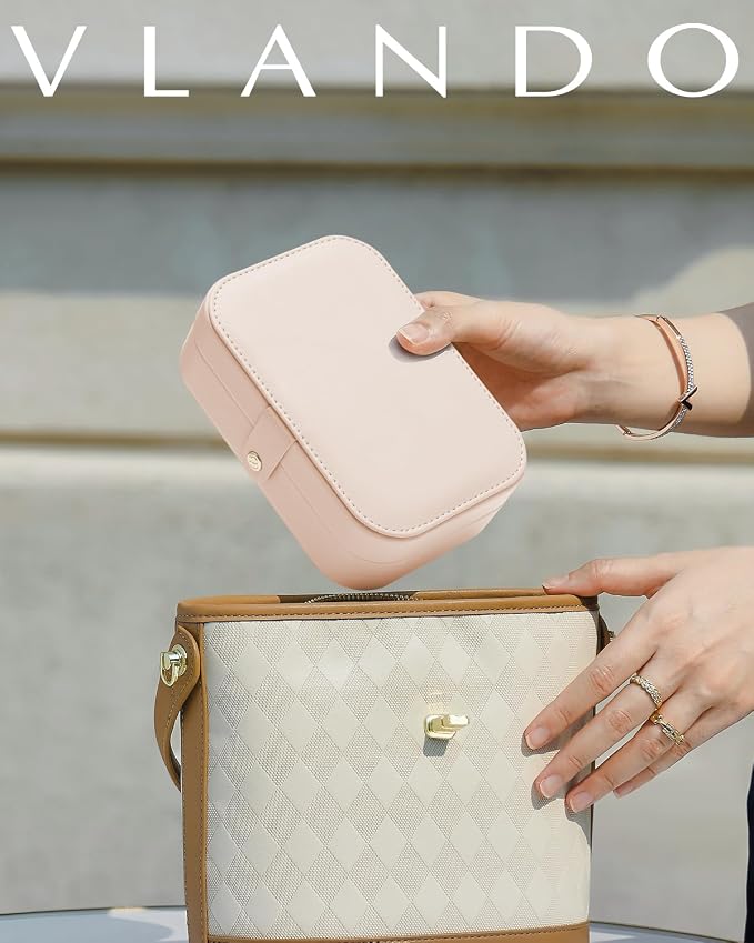 VLANDO Travel Jewelry Case, PU Leather Travel Jewelry Box with Earring Holder, Portable Display Mini Jewelry Case for Mothers Day Women Girls Gift - Nude Pink